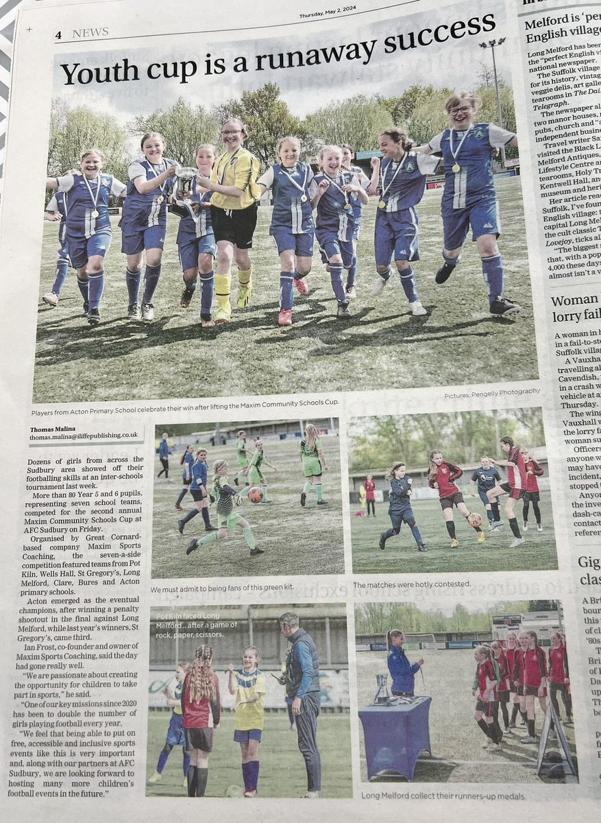 ⚽️HAVE YOU SEEN THE FREE PRESS TODAY! 🤩

A lovely little write up and fantastic pictures by Pengelly Photography from our 2nd annual Girls Maxim Schools Community Schools Cup Football Tournament last week at <a href="/AFCSudbury/">AFC Sudbury</a> 

#sudburysuffolk #sudburysuffolkuk #maximsportscoaching