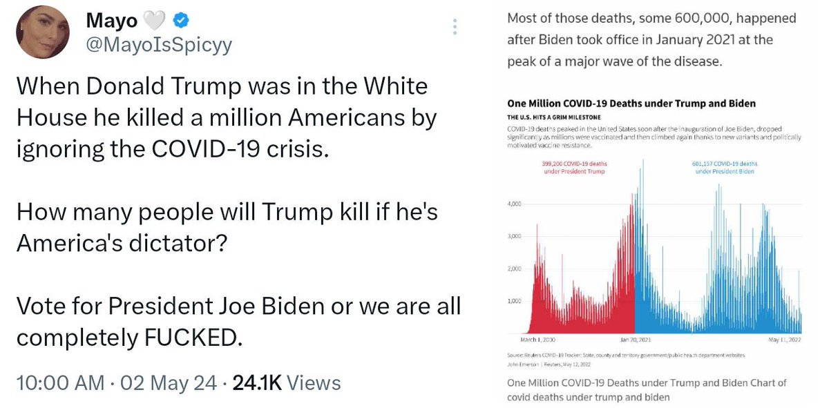 Hey @MayoIsSpicyy, Does the fact that more people died under the Biden Administration than Trump from COVID-19 makes Joe Biden a 'homicidal Dictator' as well? 😳💯🇺🇲