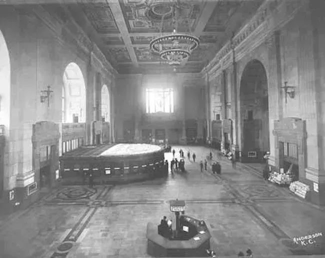 Grand Hall photographed in 1916, looking west over the Information Desk and Ticket Counter.