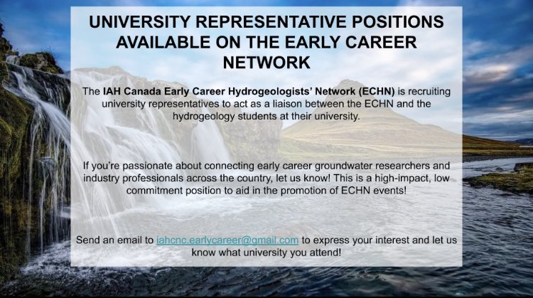 ECHN of IAH Canada (@iah_echn_canada) on Twitter photo Calling all hydrogeology students! Join us in expanding the reach of the ECHN as a University Representative. Expand your network, foster community, and share opportunities with your peers. Interested? DM or email us for details! Calling all hydrogeology students! Join us in expanding the reach of the ECHN as a University Representative. Expand your network, foster community, and share opportunities with your peers. Interested? DM or email us for details!