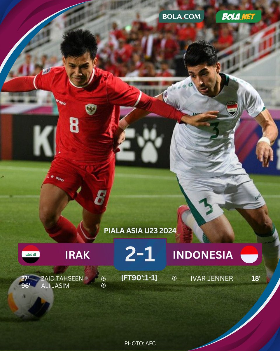 #LiveBolanet AET: Irak U23 2-1 Indonesia U23 | Possessions: 48%-52% | Shots: 22-15 | Corners: 6-5

Garuda Muda harus akui keunggulan Irak, terima kasih telah berjuang.

#afcu23 #timnasindonesia #blnrin #bolanetreview