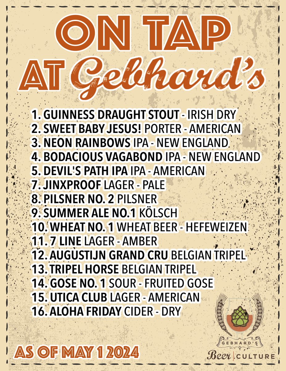 ON TAP at Gebhard's! Come down and check 'em out, or go to beerculture.nyc first for all info! Please note this is as of May 1, 2024.  WE OPEN AT 3PM
#gebhardsbeerculture #gebhardsbeerculture🍺 #craftbeer #craftkitchen #upperwestside #beer #beerlovers #OnTapNow