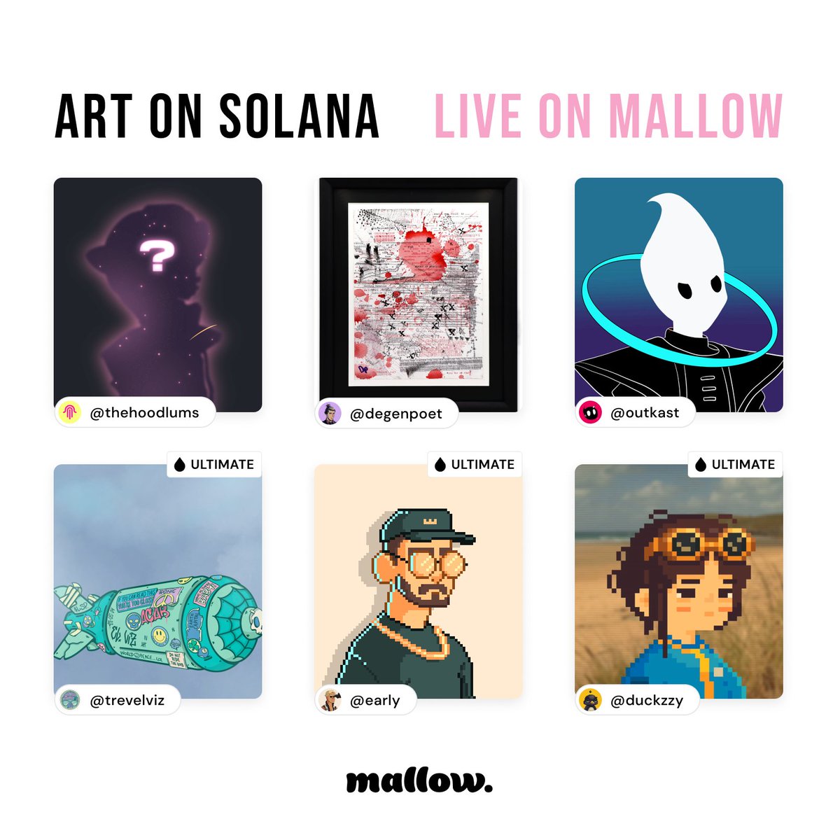 A lot of great talent on Solana and mallow. Here's 6 artworks you can find on the home page right now. Could have made so many great line ups to share here 🤍 ft. @theHOODLUMs_ @solanapoet @OutkastNFTs @TrevElViz @EarlyArt_SOL @DuckzzyOG