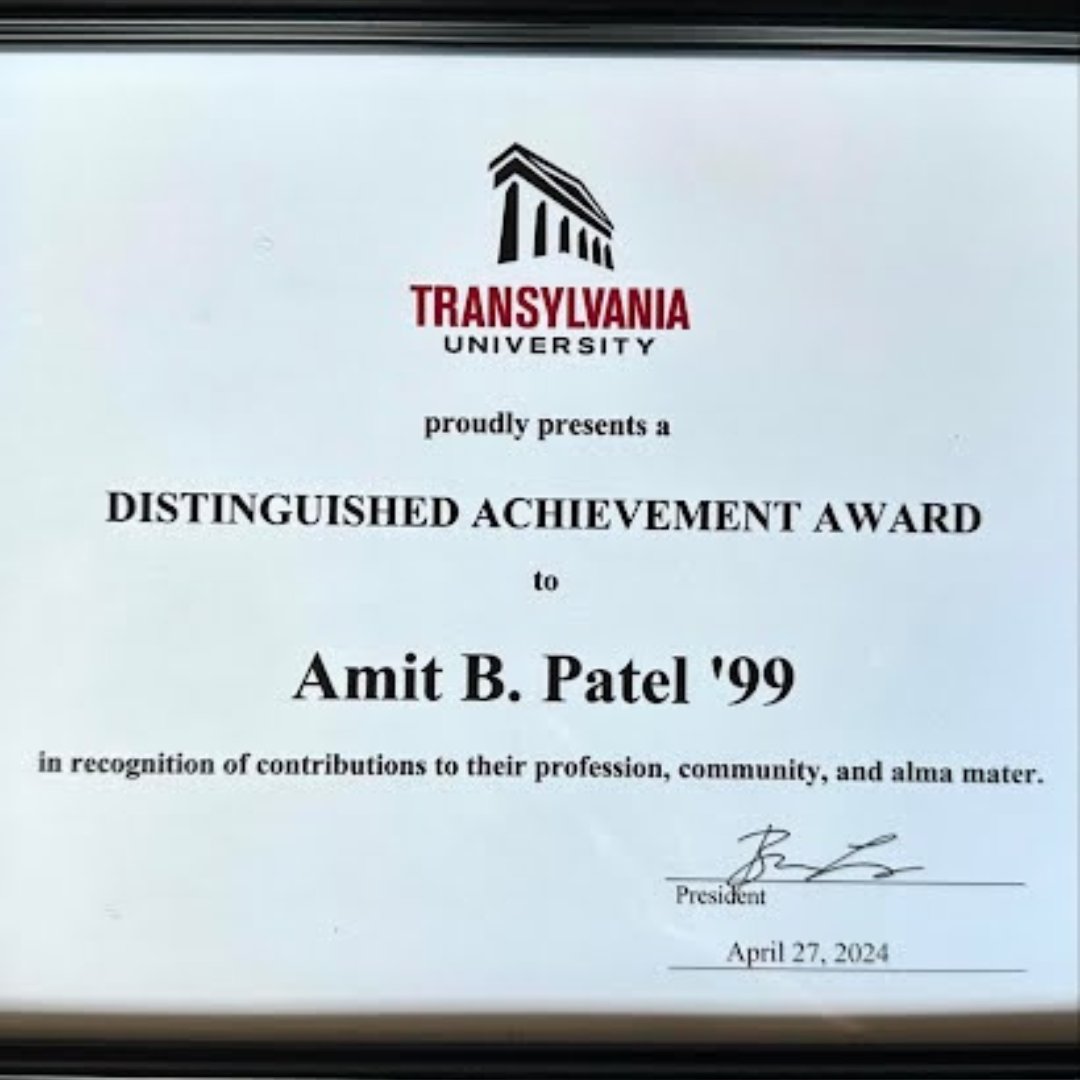 Congratulations to Dr. Amit Patel for receiving the Distinguished Achievement Award from Transylvania University.

As Dr. Patel put it, “So many seeds of inspiration for my art and science were planted here. Truly grateful.” #ENT #Otolaryngology #FacialPlastics