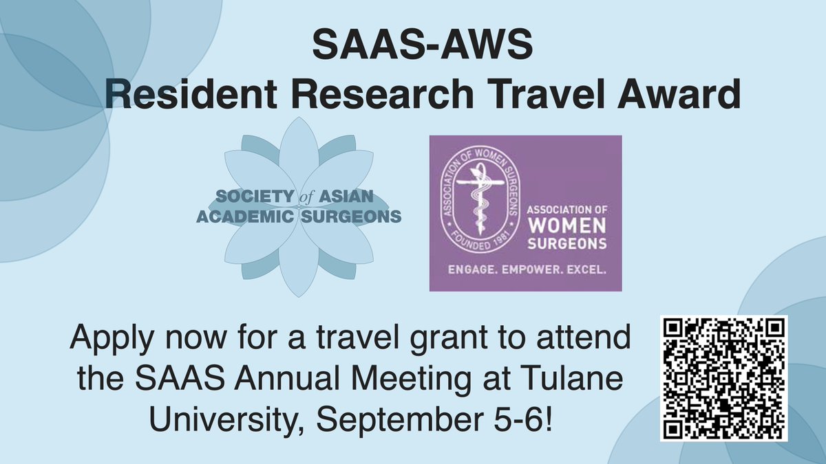 Apply now for the @AsianAcadSurg and @WomenSurgeons Resident Research Travel Award! This travel grant will cover one surgical resident to attend the #SAAS2024 Annual Conference! Deadline May 31st, 2024! shorturl.at/lsAOZ