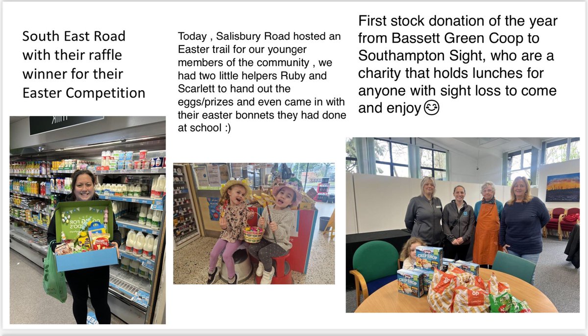 Co-op’s Southampton & Isle of Wight value of community with competition’s, raffle’s, charity support inc Soton sight, service awards Member sign up (saving you money) local community fridges, Ukraine in our heart, domestic abuse (our amazing member pioneers) Bernardo’s of Course