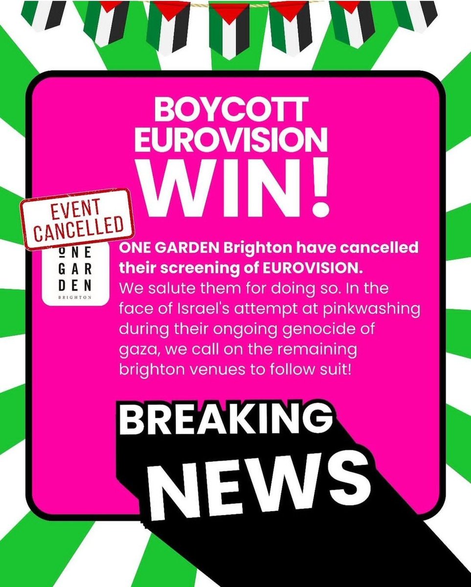 💥💥💥 JUST IN! Brighton venue cancels their #Eurovision2024 event due to public pressure. We now call on @DukeofYorks & @The_AmexStadium to do the right thing & follow suit. #BoycottEurovision2024