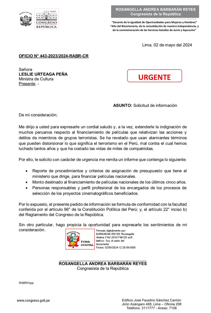 He enviado con carácter de urgente un oficio al @MinCulturaPe solicitando información y trasladando la preocupación de miles de peruanos por el tipo de películas financiadas por el Estado que estarían distorsionando lo que significó el terrorismo en el Perú.