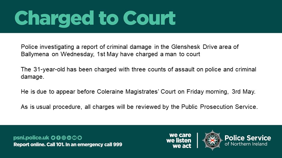 We have charged a man to court following a report of criminal damage in the Glenshesk Drive area of Ballymena on Wednesday, 1st May.
