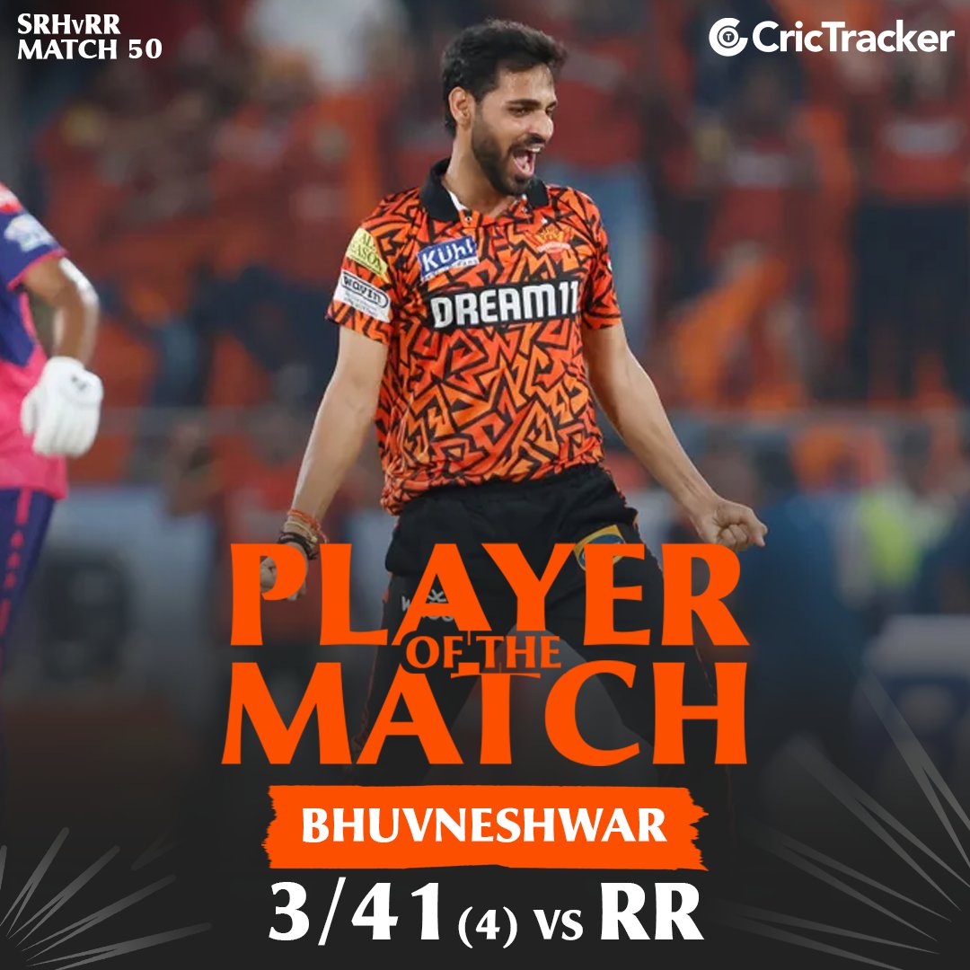 Bhuvneshwar Kumar clinches the Player of the Match award for his exceptional spell, securing three crucial wickets. #IPL2024 #SRHvRR #IPL #BhuvneshwarKumar #CricTracker