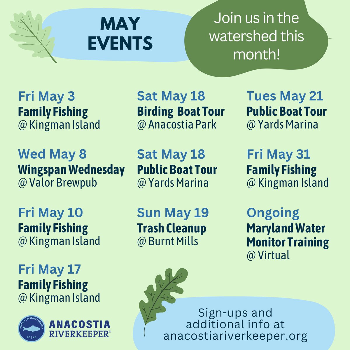 Mark your calendar! 📍 🗓️ 📍 We are hosting many fun events in the watershed this month including fishing at Kingman Island, free boat tours, and trash cleanups! Learn more and sign up: anacostiariverkeeper.org/events-calenda…