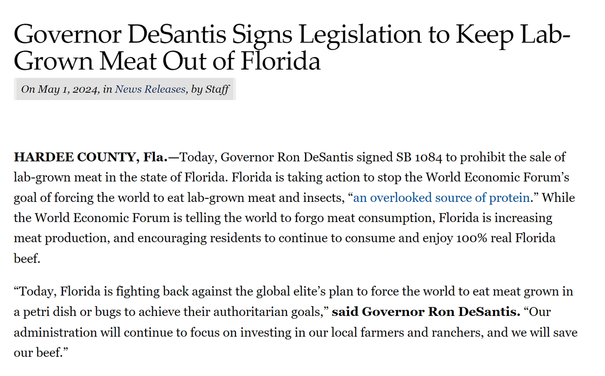 'Today, Florida is fighting back against the global elite’s plan to force the world to eat meat grown in a petri dish or bugs to achieve their authoritarian goals.' Completely bonkers. Remind me, again, who’s deciding what people can and can’t eat?