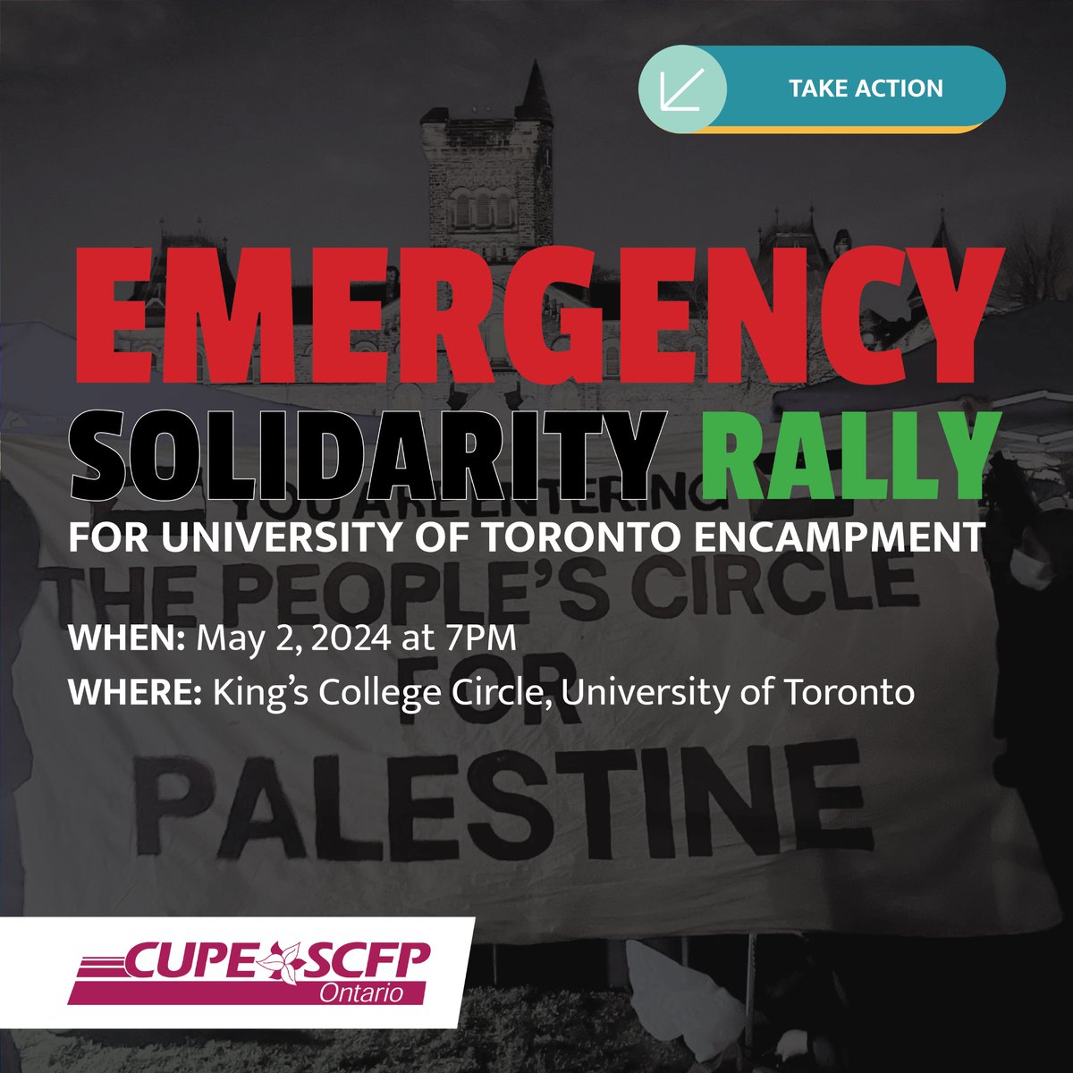 URGENT CALL FOR SOLIDARITY TONIGHT ✊🏾📢👇🏾 Protestors who include members from CUPE Local 3902, 3261 and 1230 and students have set up an encampment at King’s College Circle at the University of Toronto, calling on the university to sever financial ties with the Israeli