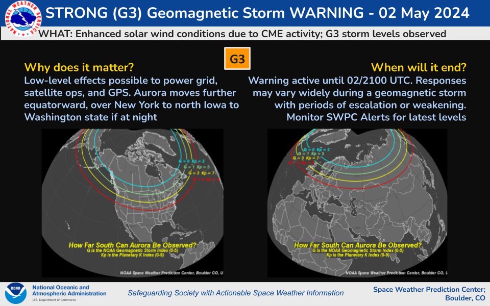 Strong (G3) geomagnetic storm conditions were observed beginning at 1759 UTC on 02 May 2024 due to CME activity.