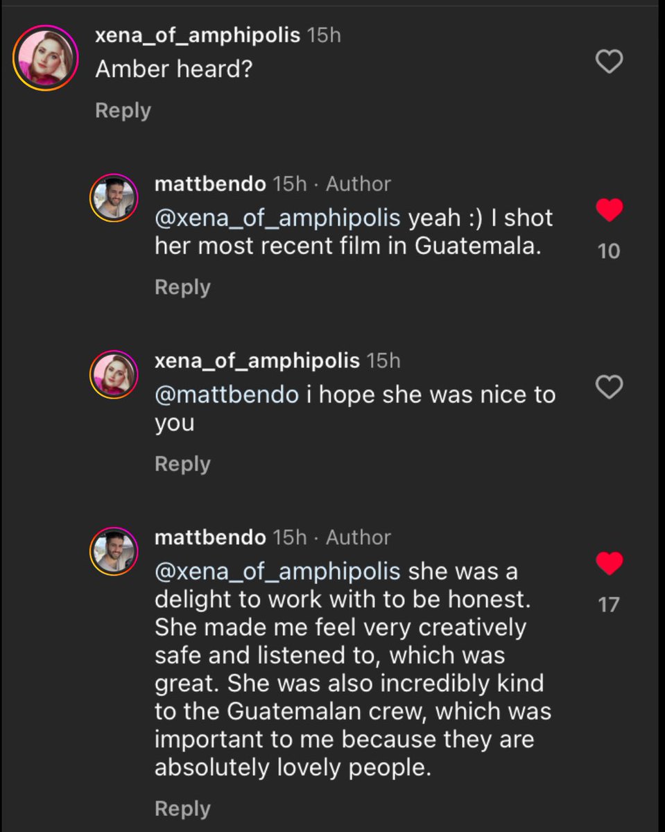 a cinematographer who worked with Amber Heard on her recent film, In The Fire, replied to ignorant comments saying “she was a delight to work with … she made me feel very creatively safe and listened to … she was also incredibly kind to the Guatemalan crew” 💓👇