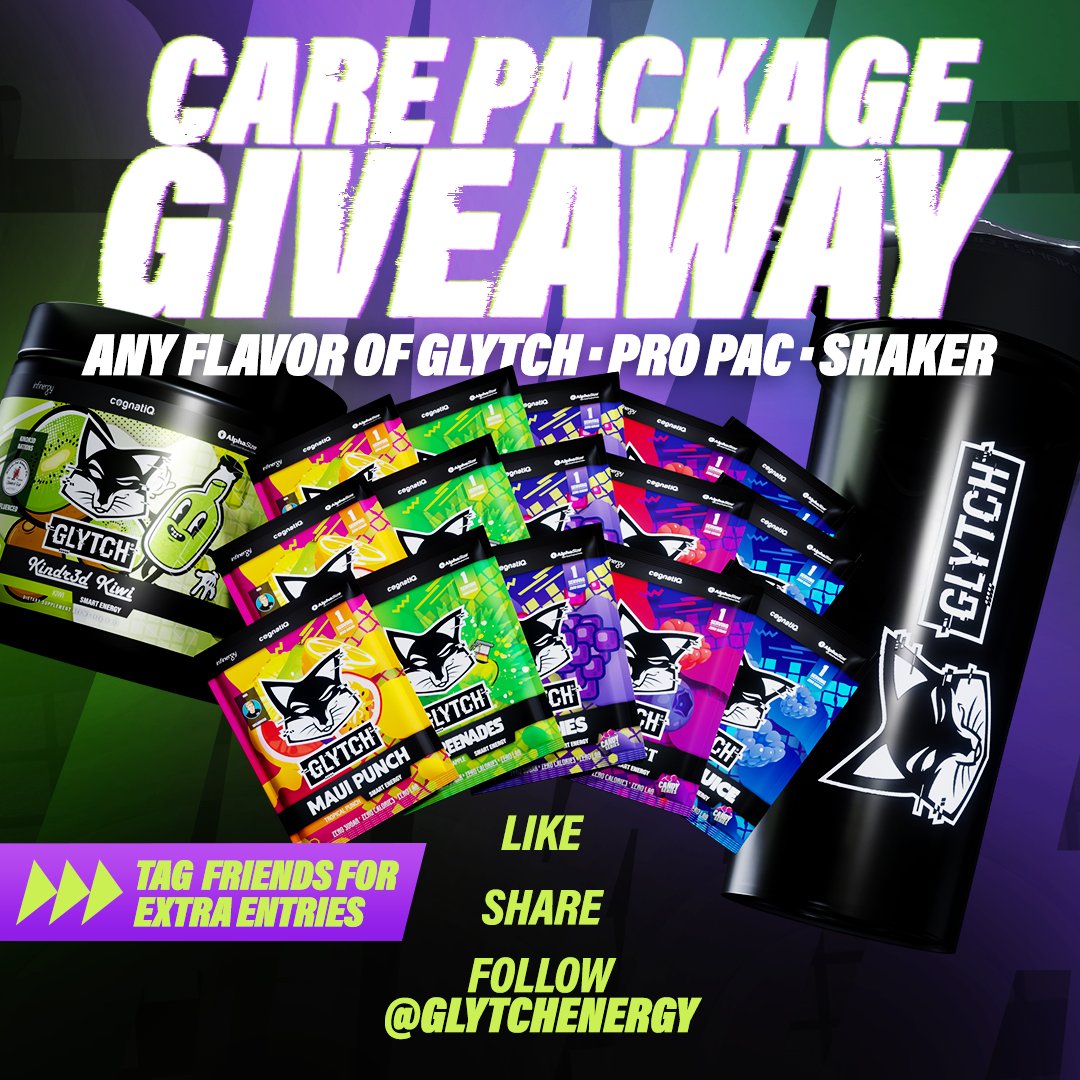 💥Care Package Giveaway💥 We're giving one lucky person a GLYTCH Energy Care Package! ➡️Their choice of 1 GLYTCH Energy tub ➡️Pro Pac ➡️Shaker Like, share and follow us for your chance to win! Bonus entries when you tag a friend! 🚨Winner announced Sunday evening!🚨