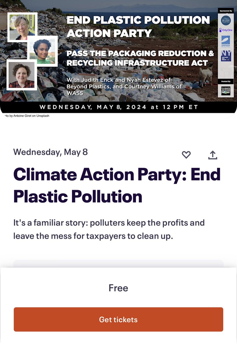 Attention New Yorkers! Join us online on May 8, 12 PM ET, for an End Plastic Pollution Action Party & help NYS pass landmark legislation to make polluters pay, cut #plastic packaging by 50%, slow climate change & support recycling!

eventbrite.com/e/climate-acti…

#makepolluterspay