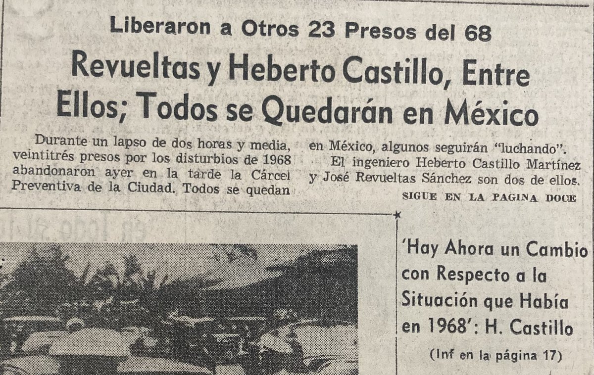 El 14 de mayo de 1971, fueron liberados los presos detenidos tras los acontecimientos de 1968, entre ellos se encontraban José Revueltas y Heberto Castillo.
#PrimerasPlanas
@Excelsior, 14 de mayo de 1971, Biblioteca-Hemeroteca Ignacio Cubas.