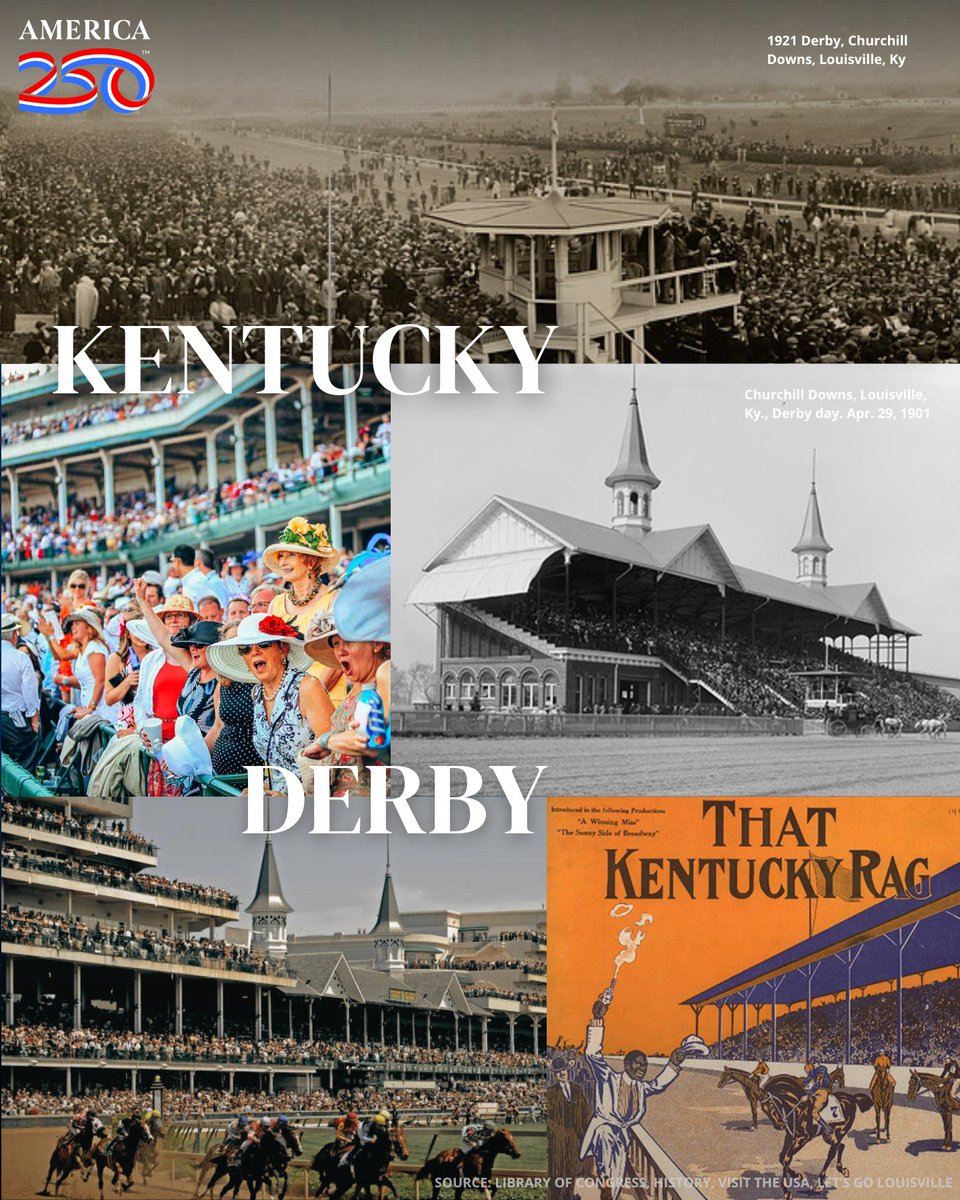 This Saturday, spectators will gather at @ChurchillDowns in #Louisville for the 150th @KentuckyDerby. 🏇 Often referred to as 'The Most Exciting Two Minutes in Sports,' the Derby brings people together for a day of celebration, fashion, excitement, & camaraderie. #America250