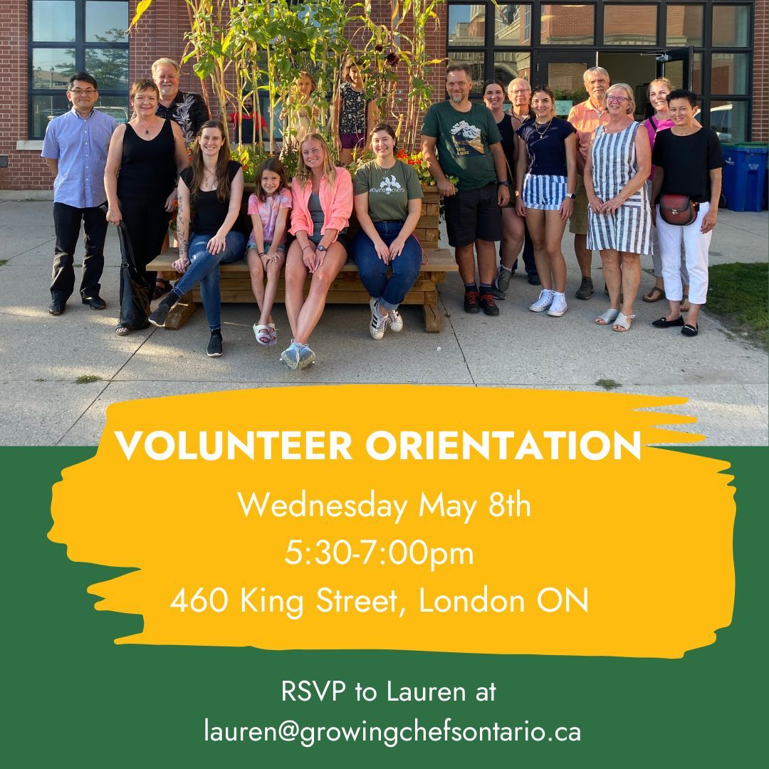 Join us for our next Volunteer Orientation at Growing Chefs! HQ next Wednesday, May 8th from 5:30-7:00pm. Explore exciting roles like chef, food educator, garden support, event support, and junior camp counsellor. RSVP to Lauren at lauren@growingchefsontario.ca 📩