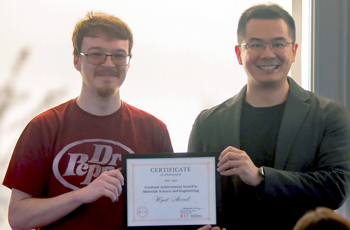 Congrats to Wyatt Morrell, a first-gen student at #RIT! He's earned a BS and MS in #Physics & Materials Science and received the Graduate Achievement Award for his research in Dr. Ke Xu's lab. He'll be starting a job at @MicronTech in the semiconductor industry after graduation.