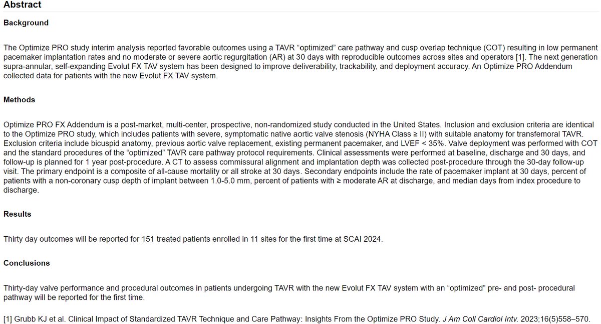 📑#SCAI2024 #TAVR Featured Abstract: 'Early Outcomes from the Optimize PRO TAVR Care Pathway Evolut FX System Addendum Study' ➡️bit.ly/4a0V59c @StevenYakubov @AdamGreenbaumMD @PaulMahoneyMD @KendraGrubb @MustafaAhmedMD @SCAI Mtg Abstract Issue in #JSCAI💡