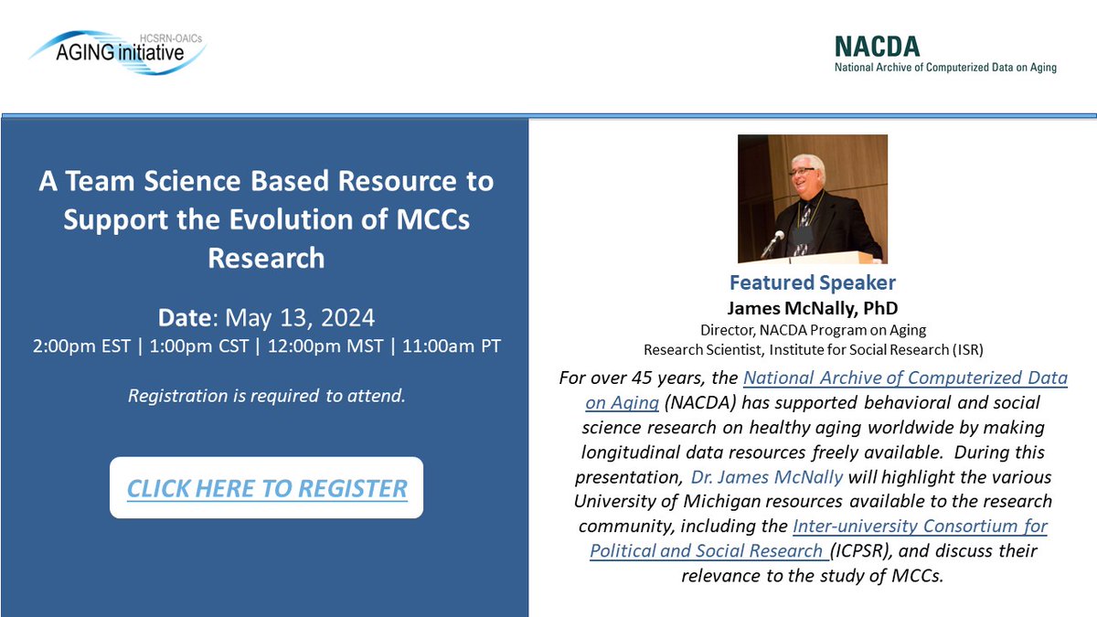 The AGING Initiative (@aginginitiative) on Twitter photo May 13 AGING Initiative-UMichigan Collaborative Webinar: "A Team Based Resource to Support the Evolution of MCCs Research" featuring Dr. James McNally, director of <a href="/NACDA_Aging/">NACDA Program on Aging</a>
Register here: umassmed.zoom.us/webinar/regist… May 13 AGING Initiative-UMichigan Collaborative Webinar: "A Team Based Resource to Support the Evolution of MCCs Research" featuring Dr. James McNally, director of <a href="/NACDA_Aging/">NACDA Program on Aging</a>
Register here: umassmed.zoom.us/webinar/regist…