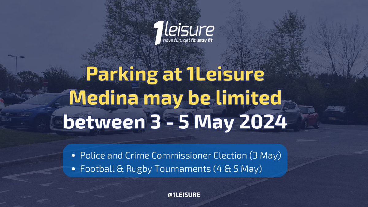 📢 Parking at #1Leisure Medina between 3 - 5 May 2024 maybe limited due to the Police and Crime Commissioner Election count (Fri 3 May). On 4 & 5 May there’s a Football tournament at Seaclose Park and a Rugby tournament on the Medina College playing fields. Thank you! 🙌🏼