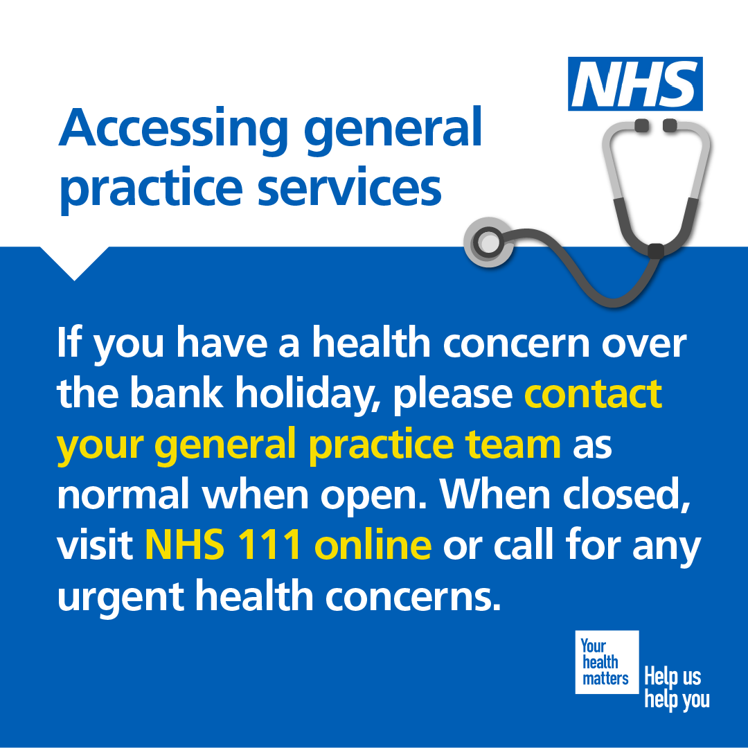 Some GP services will be available over the May bank holiday. If you have a health concern, contact your GP practice or use NHS 111 online or call 111 for urgent medical help. ➡️ 111.nhs.uk