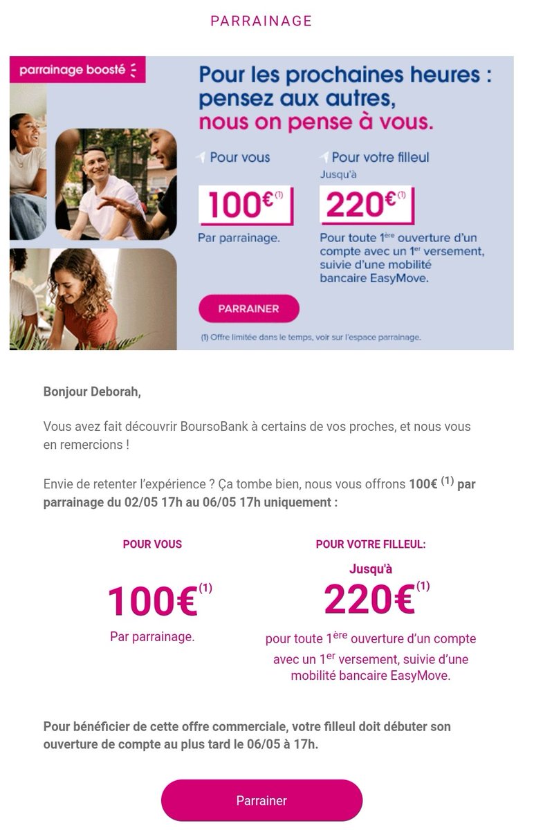 Parrainage BoursoBank : DEME5921
Jusqu'à 220€ lors d'une première ouverture de compte avec un versement suivi de la mobilité bancaire. Les sous arrivent vite une fois l'ouverture de compte faite !