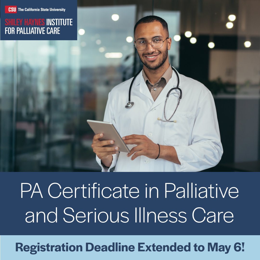 🌟 Exciting update! 🌟 The registration deadline for the PA Certificate in Palliative and Serious Illness Care course is extended until 5/6! 📅

Earn 72.5 CME hours!

Learn more: bit.ly/3wj2mmN 

Register now: bit.ly/3WpP8zw 

#physicianassistant #palliativecare