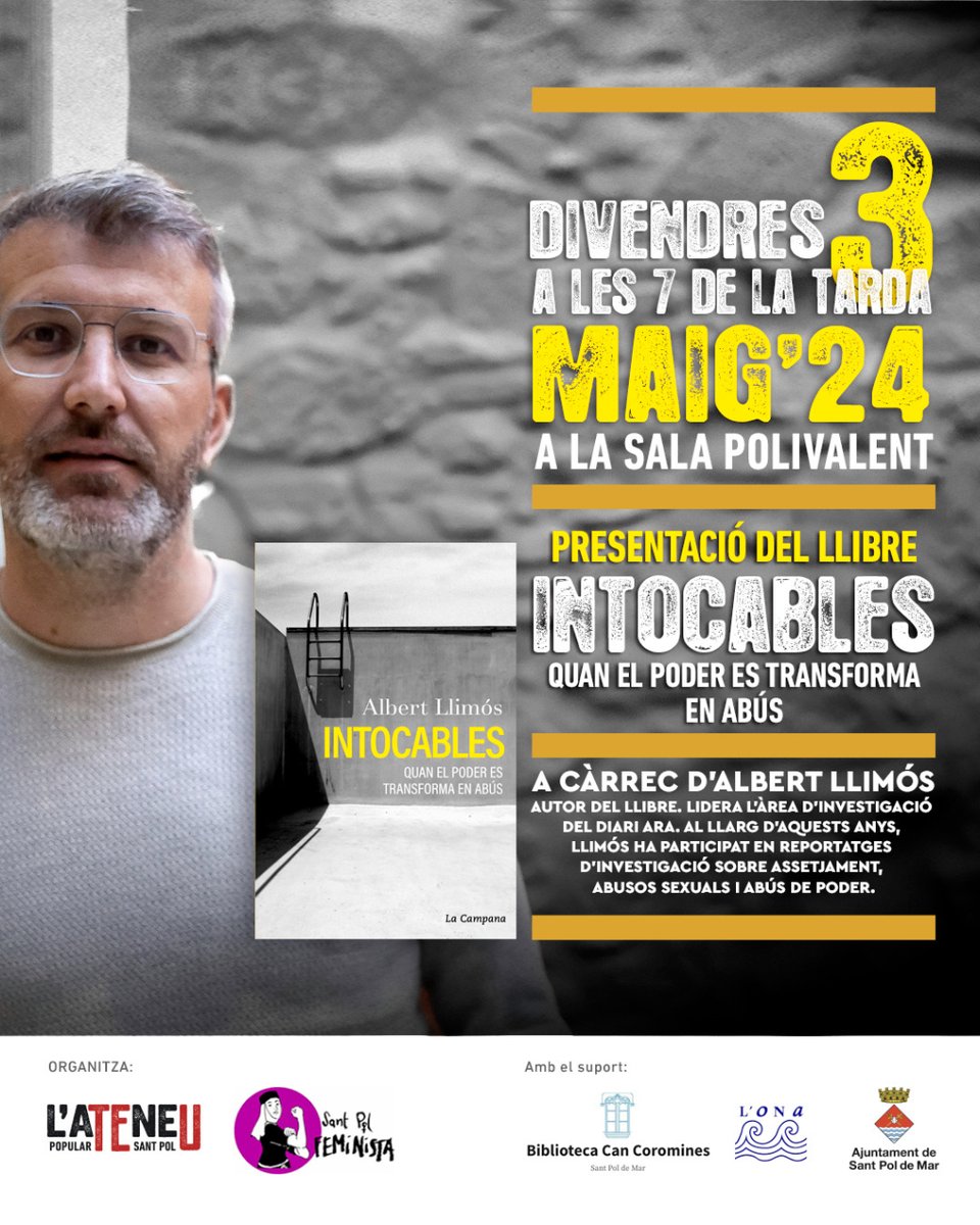 DEMÀ DIVENDRES: 📖 INTOCABLES 👤 Albert Llimós 📍Sala Polivalent de #SantPoldeMar 🕖 19 h