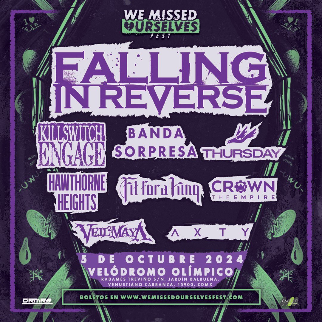 We are excited to announce our return to Mexico City 🇲🇽 We’ll see you October 5th with Falling In Reverse, Killswitch Engage and more! Tickets on sale now at wemissedourselvesfest.com