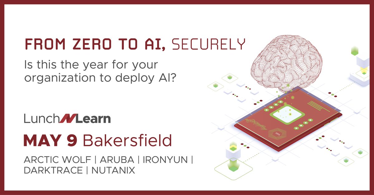 Next week! Join Nth, @AWNetworks, @HPE_Aruba_NETW, @IronYunInc, @Darktrace, & @nutanix for our AI Lunch-N-Learn on Thurs, May 9 at the Padre Hotel in Bakersfield. 

Request registration here: lnkd.in/g-XXG57Q

More information here: lnkd.in/gxBaAq4V