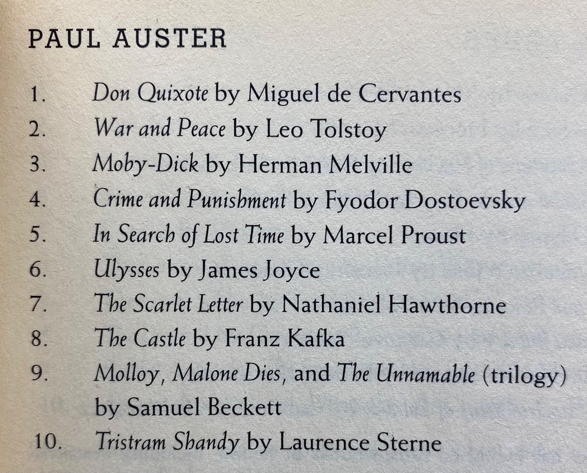 Listado de los diez libros favoritos de Paul Auster, seleccionados por el autor en 2007.