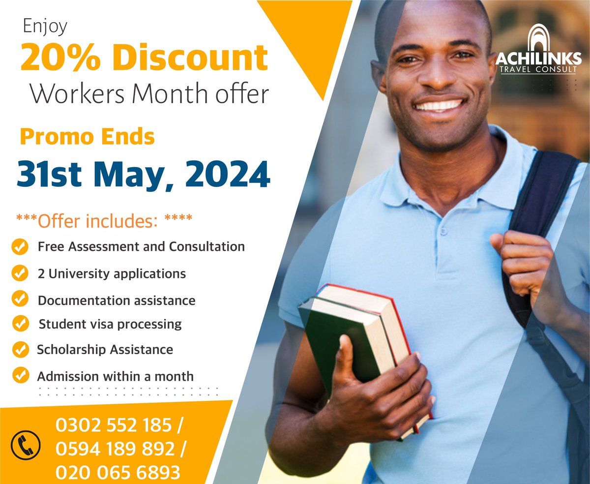 achilinks's tweet image. 📌Achilinks May Promotion: Study Abroad Package(USA🇺🇸, CANADA 🇨🇦 , AUSTRALIA 🇦🇺 etc) 

Sign up with us within the month of May and enjoy 20% discount on study abroad offers. 

Call or WhatsApp: +233 20 065 6893 // 0594189892

#achilink #studyabroadwithachilinks #promo