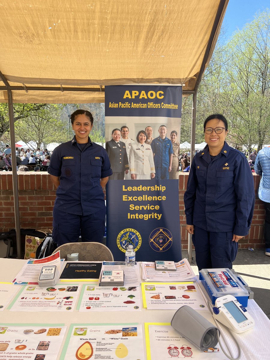 LCDR Yu and LT Pochincherla provided first aid assistance, blood pressure screenings and education, mental health awareness materials, and discussions about the US Public Health Service at the Songkran Festival, held at the Wat Thai Temple on April 14th, 2024 in Silver Spring, MD