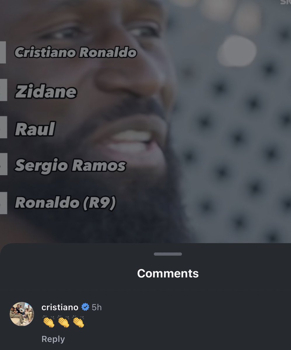 Cristiano Ronaldo replying to Rüdiger’s Real Madrid player rankings. 🤍