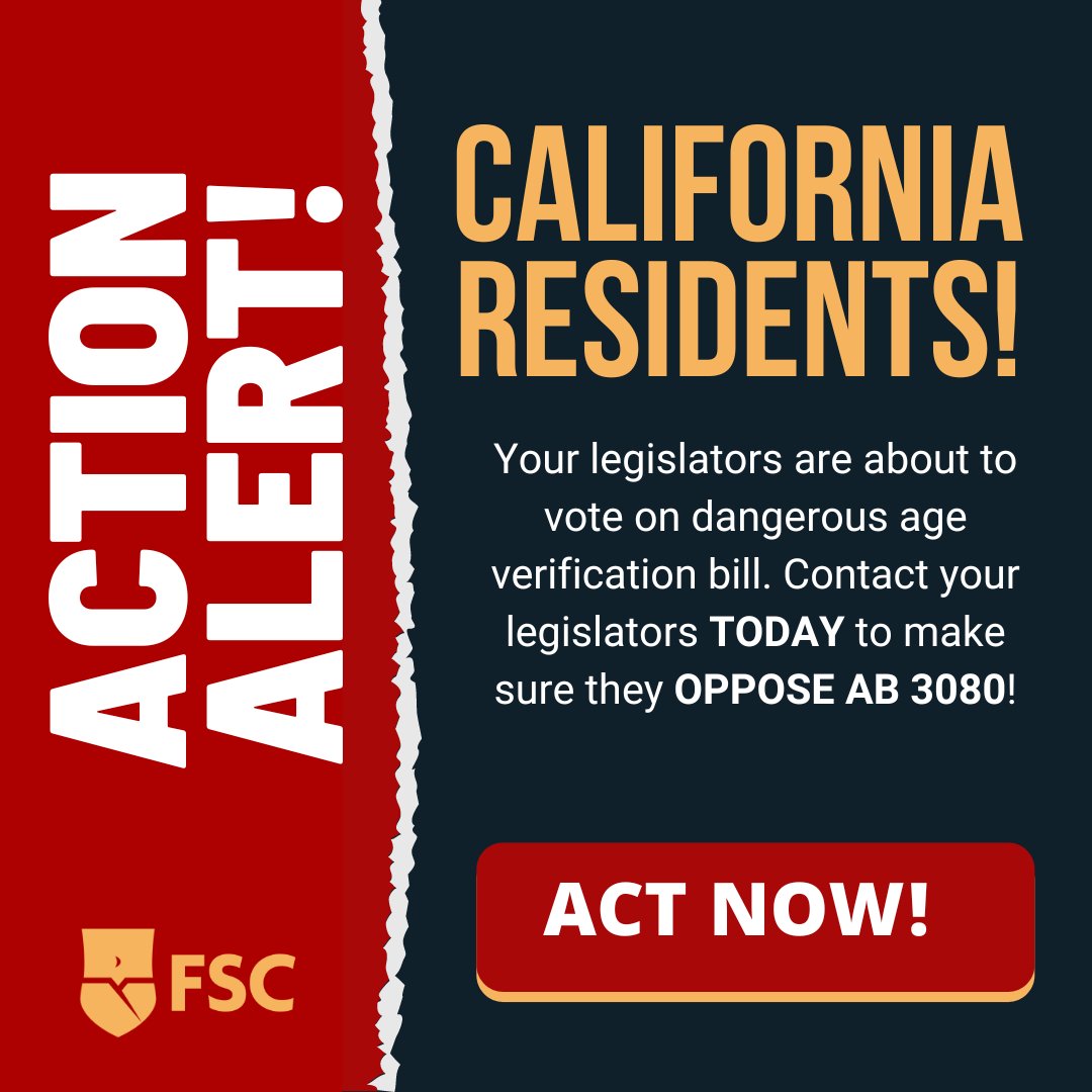 🚨🚨🚨🚨 Californians! Tell your legislator today to oppose #AB3080, a dangerous age-verification bill that's heading to a full vote in the Assembly. ⬇️ defendonlineprivacy.com/ca/action.php ⬆️ Your voice is critical, and we make it easy to let your legislator know you want them to oppose!