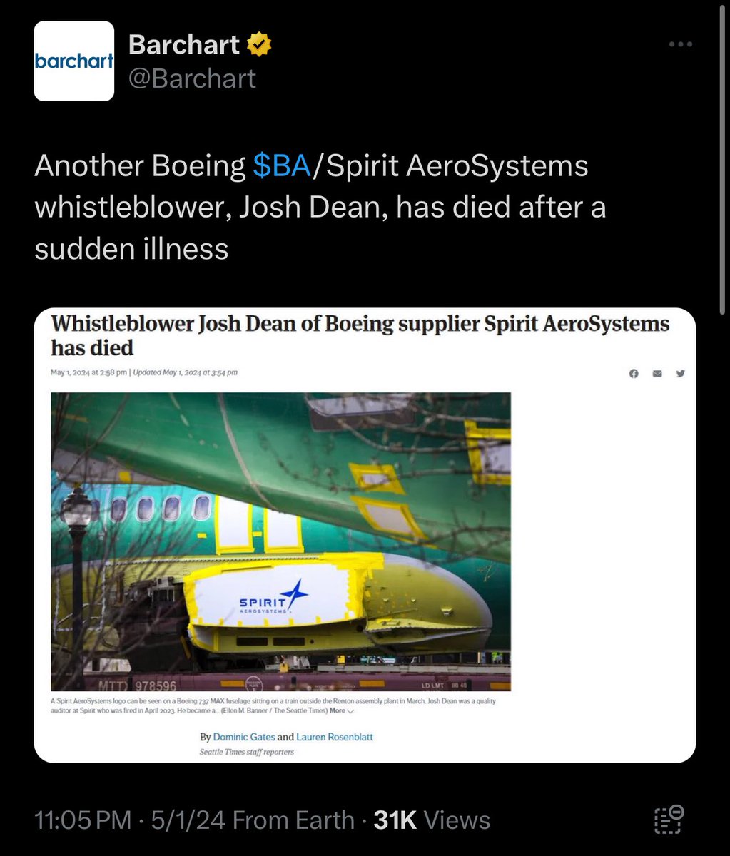 I stand corrected it’s gonna take a lot of whistleblower deaths 🐝4 someone really does something about #Boeing $ba wtf going on over there @Barchart 😐