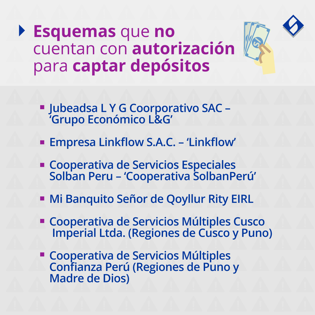 SBSPERU's tweet photo. ⚠🚨 ¡Cuidado! La #SBSPerú ha identificado nuevos esquemas que no cuentan con autorización para captar ahorros del público, y aplicativos de préstamos informales. Lee la nota completa aquí 👉 https://t.co/Pd9neig7NY https://t.co/SA6OQnyOsK
