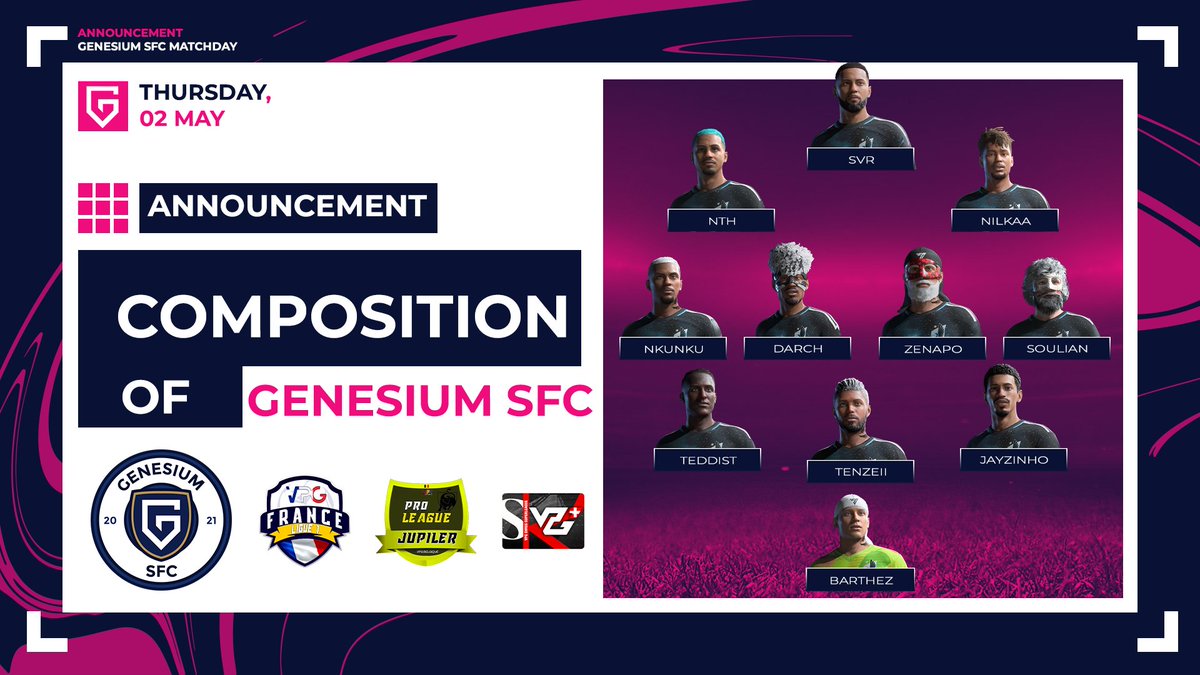 Genesium SFC β½ (@genesiumsfc) on Twitter photo ππππππππ β½οΈ
ποΈ 2 Mai
π <a href="/VPGFrance_/">VPG France</a> β’ L1 π«π·
π @PurpleBull_foot
π #Vicedream
π <a href="/belgique_vpg/">VPG BELGIQUE π§πͺ</a> β’ Jupiler Pro π§πͺ
π @UTK_UniverSale
π @MxtionESx
π <a href="/SwissVPG/">VPG Switzerland π¨π</a> β’ Super L. π¨π
π <a href="/ClubJoga/">JΓGA FC</a>
π #FinalFlush
π 3-1-4-2
<a href="/TeamGenesium/">Genesium</a> #WhereItBegins πΎ ππππππππ β½οΈ
ποΈ 2 Mai
π <a href="/VPGFrance_/">VPG France</a> β’ L1 π«π·
π @PurpleBull_foot
π #Vicedream
π <a href="/belgique_vpg/">VPG BELGIQUE π§πͺ</a> β’ Jupiler Pro π§πͺ
π @UTK_UniverSale
π @MxtionESx
π <a href="/SwissVPG/">VPG Switzerland π¨π</a> β’ Super L. π¨π
π <a href="/ClubJoga/">JΓGA FC</a>
π #FinalFlush
π 3-1-4-2
<a href="/TeamGenesium/">Genesium</a> #WhereItBegins πΎ