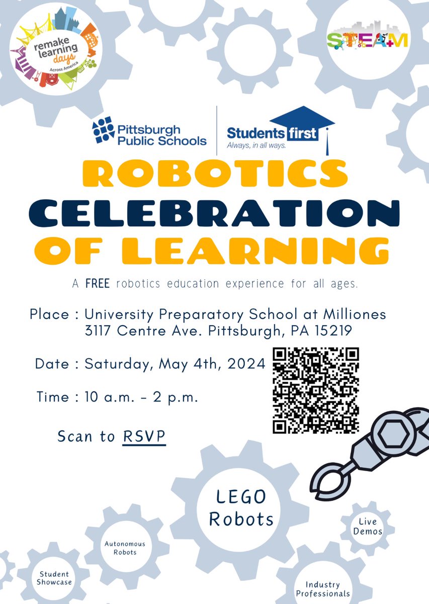STEAMpghschools's tweet photo. Join us for our @RemakeDays event this Saturday 10AM-2PM, with activities and demonstrations from @LEGO_Education, @FRCTeams, @FTCTeams #GirlsofSteel, @birdbraintech, @assemblepgh, and more! You’ll also meet some of our @PPSnews robotics competition all-stars (pics) https://t.co/aP8yldjhAK