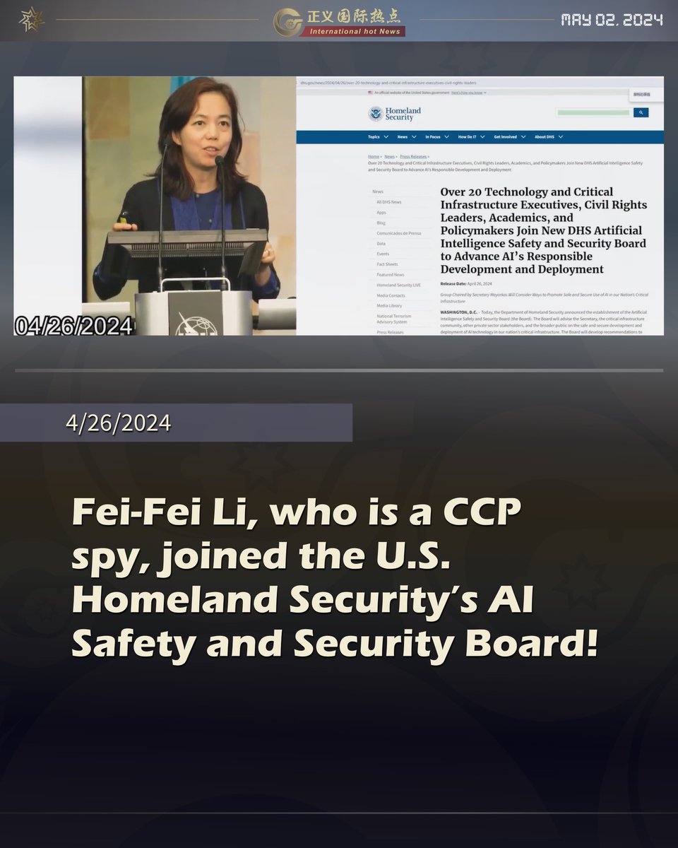 Fei-Fei Li, who is a CCP spy, joined the U.S. Homeland Security’s AI Safety and Security Board!
#Fei-FeiLi #CCPspy #theU.S.HomelandSecurity’sAISafetyandSecurityBoard #internationalnews #hotnews