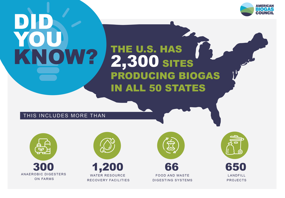 Biogas is produced in all 50 states, at 2,300+ sites! That includes ⤵️

🐄 475 #farms
💦 1,269 water resource recovery facilities
♻️ 97 stand-alone systems that digest food scraps
🗑️ Nearly 550 landfills

Learn more about the types of #biogas systems: americanbiogascouncil.org/resources/type…