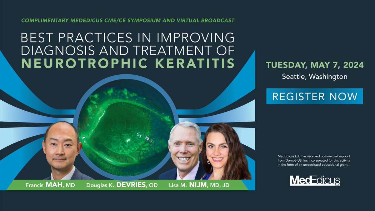 MedEdicusLLC's tweet photo. Don’t miss our upcoming dinner symposium in Seattle titled, “Best Practices in Improving Diagnosis and Treatment of Neurotrophic Keratitis,” on May 7! 

Can’t attend in person? Join us via our live stream option. Participants can earn up to 1.5 𝘈𝘔𝘈 𝘗𝘙𝘈 𝘊𝘢𝘵𝘦𝘨𝘰𝘳𝘺 1 𝘊𝘳𝘦𝘥𝘪𝘵ᵀᴹ or 1.5 COPE Credits.

Faculty: Francis S. Mah, MD (Chair); Douglas K. Devries, OD; @LisaNijmMDJD 

📆: Tuesday, May 7, 2024
🕘6:00-6:30 PM PT: Onsite registration and dinner
🕘6:30-8:00 PM PT: CME/CE Symposium

📍Location: Sheraton Grand Seattle, Grand Ballroom D, 2nd Floor

Register now to join us in person or virtually!
In-person registration: https://t.co/bpvWtRHL2C
Virtual registration: https://t.co/tJcq2jHYOk

#CME #CE #MedicalEducation #COPE #MedEdicus #NeurotrophicKeratitis #NK #Optometry #Ophthalmology #Seattle