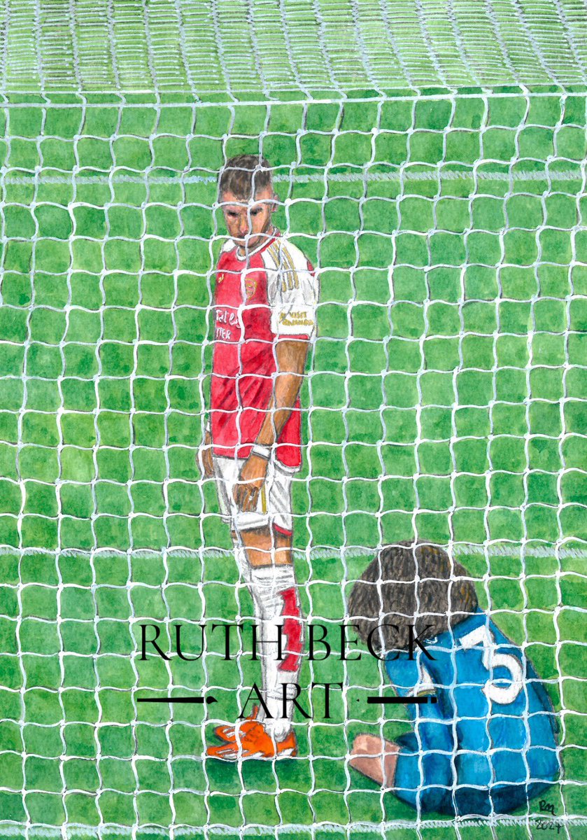 I just completed this watercolour of Ben White putting Cucurella in his place.
#ARSCHE 
Photo reference from the amazingly talented @LowerNorthBank  (thank you)

Prints are on my Etsy shop RuthBeckArt 

That goal net nearly finished me.. 😅❤️🤍