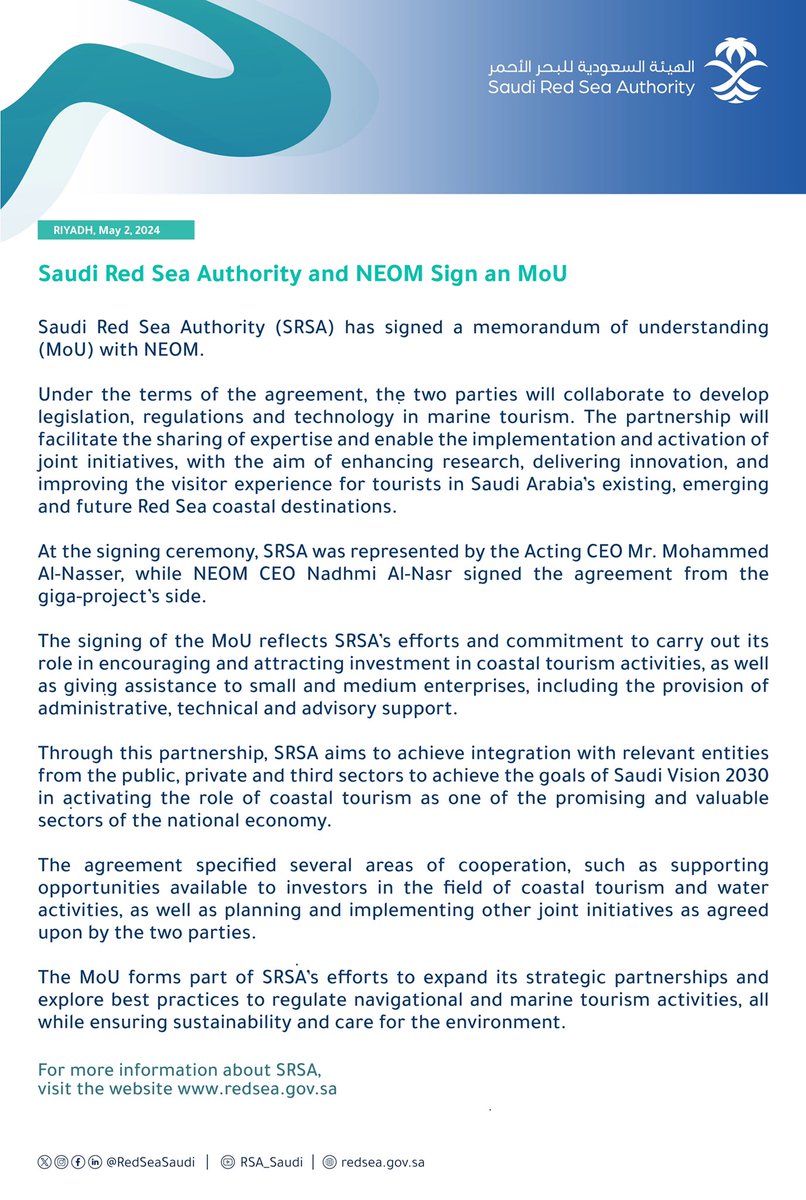 #PressRelease  📃| #SaudiRedSeaAuthority signs an MoU with #NEOM.