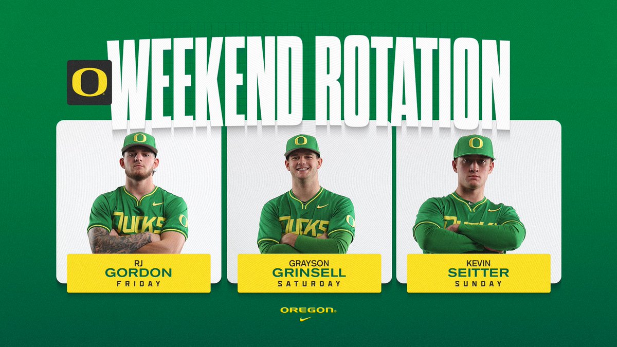 𝐒𝐭𝐫𝐞𝐭𝐜𝐡 𝐃𝐫𝐢𝐯𝐞 Plenty on the line this weekend when the Ducks host first-place Utah. #GoDucks Rotation (last week's line vs. OSU): 🦆Gordon (6 IP, 4 H, 2 R, 9 K) 🦆Grinsell (6 IP, 4 H, 2 R, 8 K) 🦆Seitter (7 IP, 1 H, 1 R, 9 K) Notes: tinyurl.com/yl3ycoyb