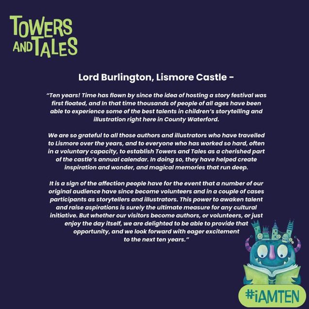 @TowersandTales 
This weekend sees the staging of the tenth Towers and Tales festivals. This is one of the loveliest festivals in the country. It always has a fantastic programme and seamless production. Congratulations to all involved and may the sun shine on you this weekend!